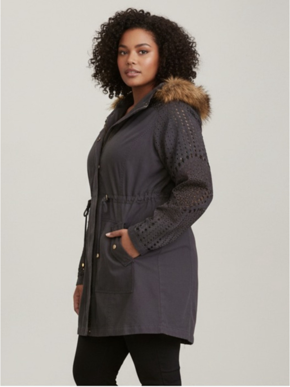 Torrid Embellished Rhinestone Parka Coat w/ Faux Fur Hood 1 (1X) Glam Utility